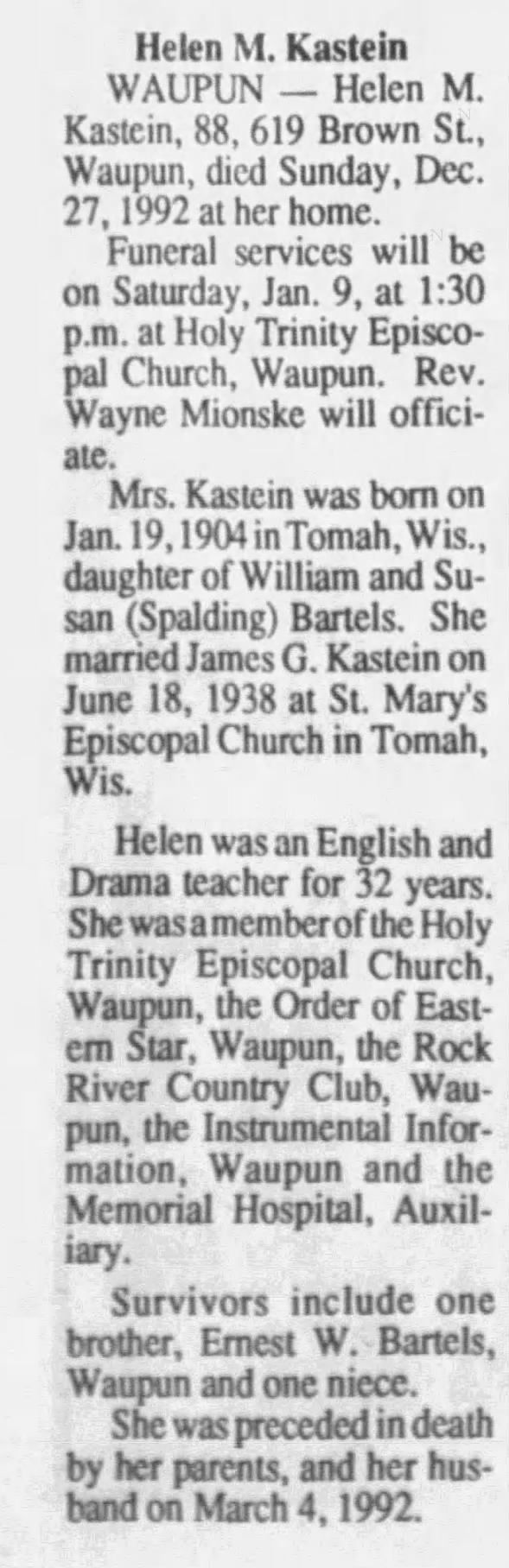 Obituary for Helen M. Kastein, 1904-1992 (Aged 88)
